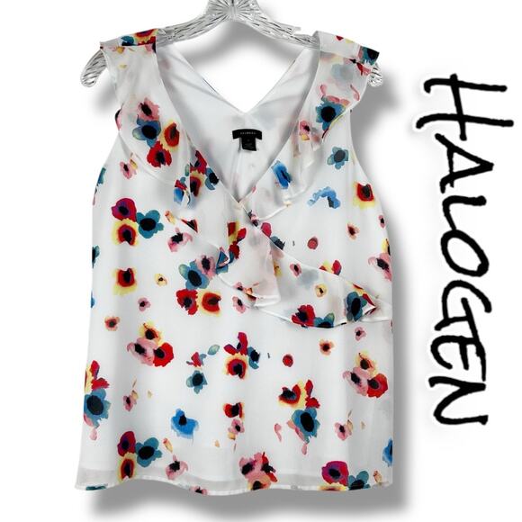 Halogen Ruffle Blouse Top White Floral Sleeveless Nordstrom Womens Size Small - Picture 1 of 11